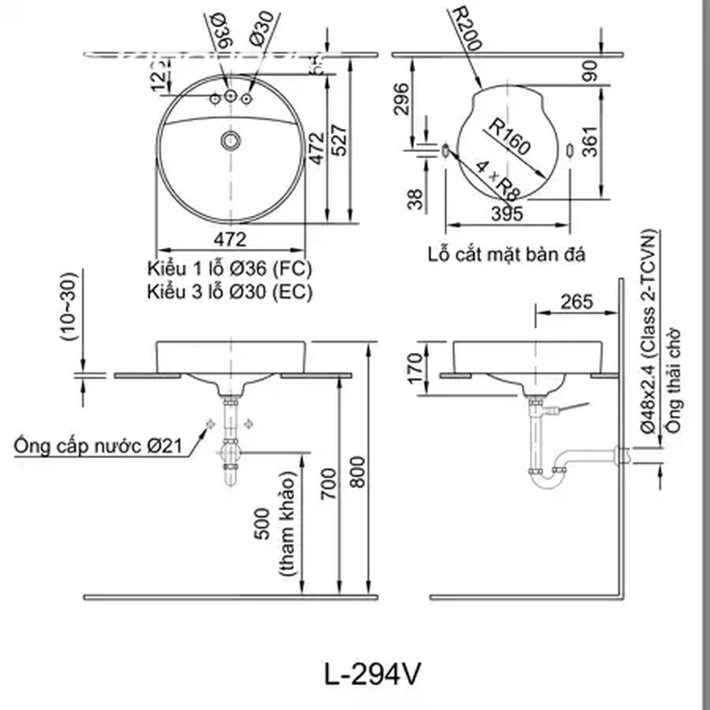 Bản vẽ kỹ thuật chậu rửa mặt INAX AL-294VEC kích thước 472 x 170 mm