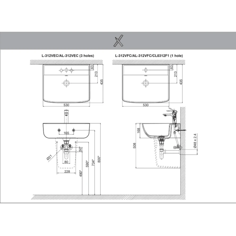 Bản vẽ kỹ thuật chậu rửa mặt INAX AL-312VEC kích thước 530 x 435 x 196 mm