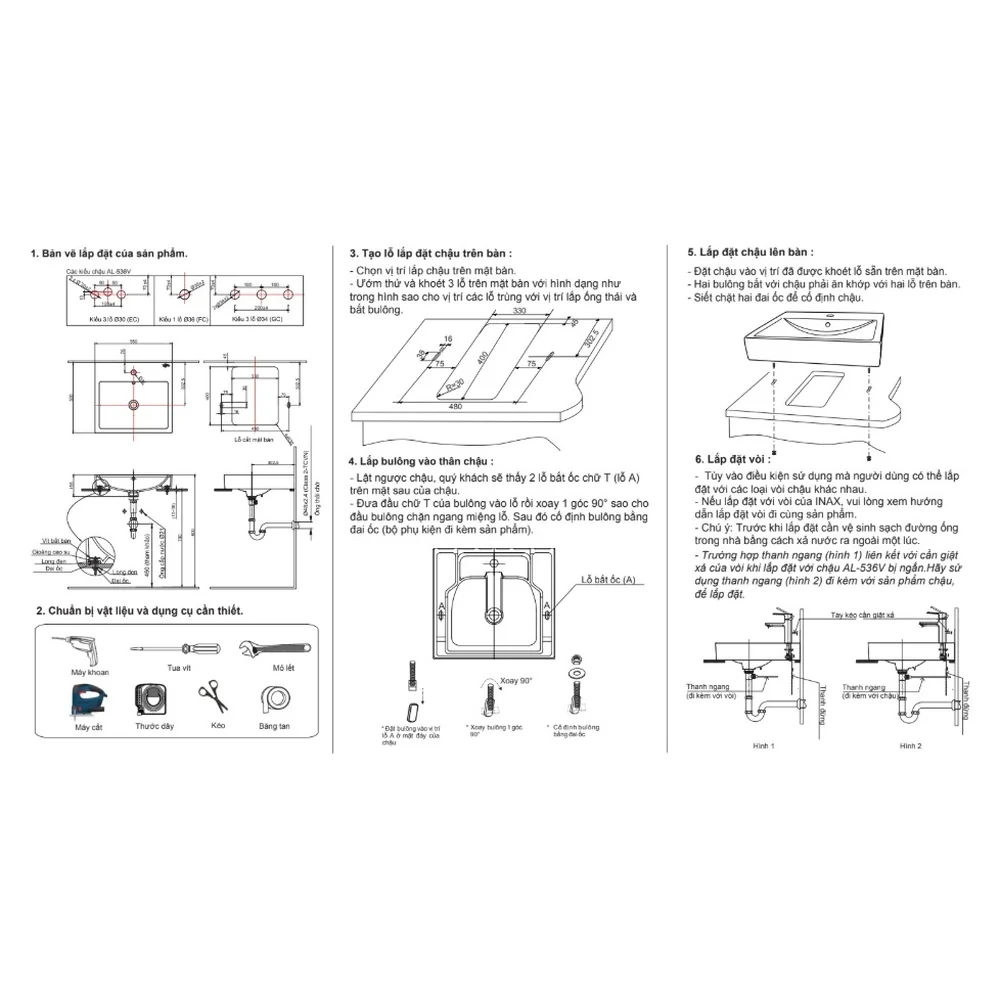 Bản vẽ và hướng dẫn lắp đặt chậu rửa mặt đặt bàn INAX AL-536V kích thước 550 x 500 x 155 mm, khoét đá 480 x 415 mm