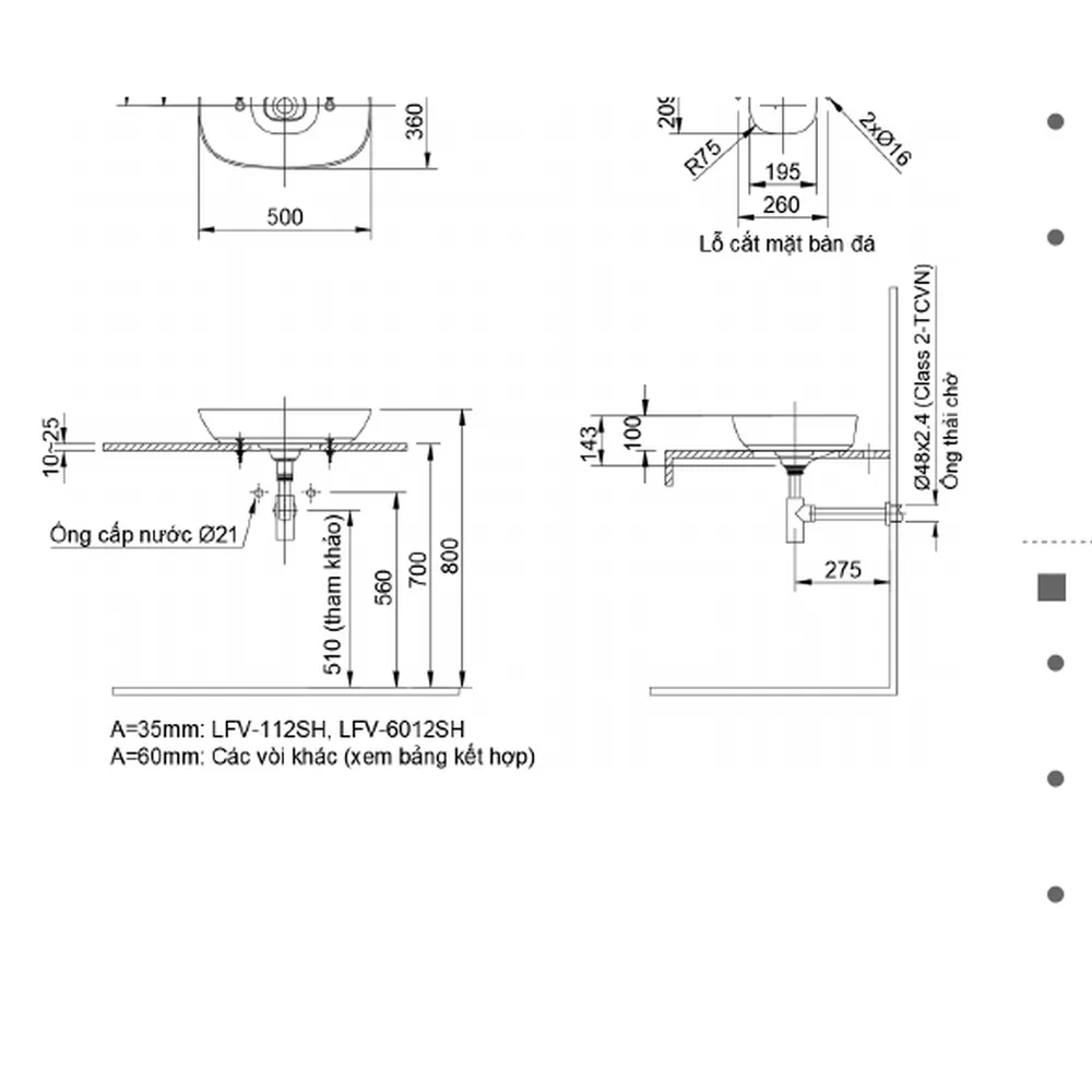 Bản vẽ kỹ thuật chậu rửa mặt INAX AL-622V kích thước 500 x 360 x 143 mm