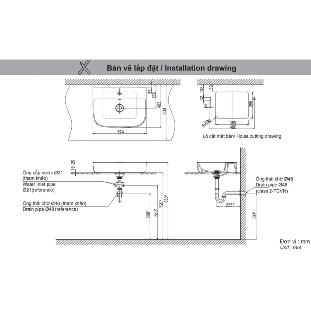 Bản vẽ kỹ thuật chậu rửa mặt đặt bàn INAX AL-632VEC kích thước 574 x 428 x 110 mm, ô khoét mặt bàn 480 x 285 mm