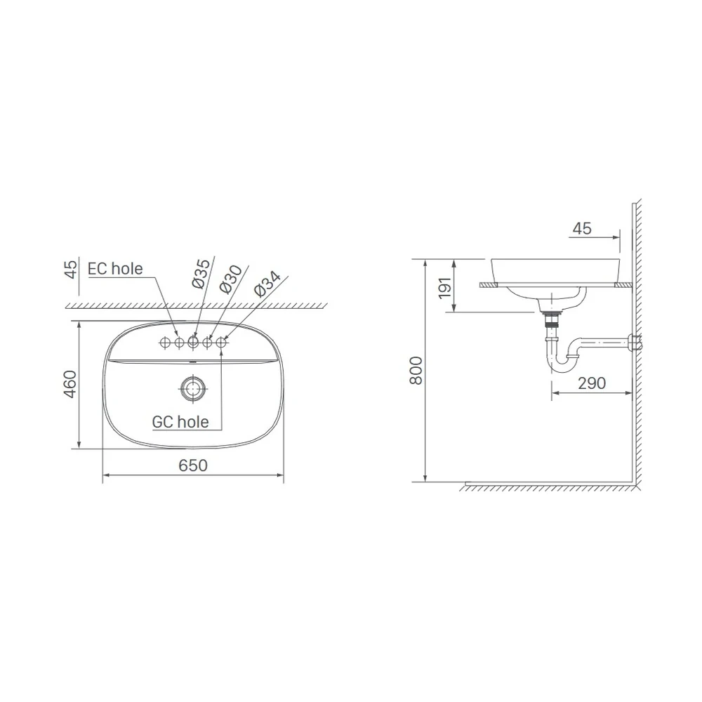 Bản vẽ kỹ thuật chậu rửa mặt đặt bàn INAX AL-652VEC kích thước 650 x 460 x 191 mm, cấu hình 3 lỗ