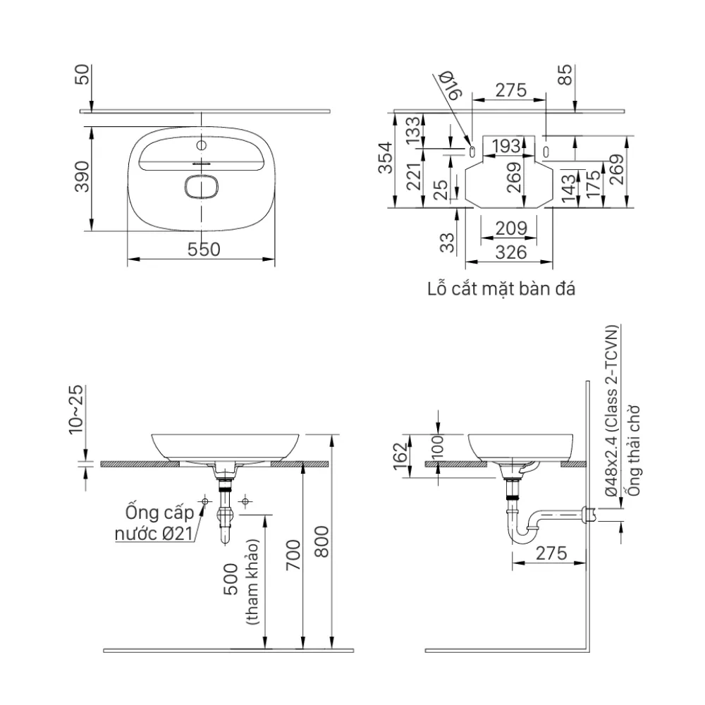 Bản vẽ kỹ thuật chậu rửa mặt INAX AL-662VFC kích thước 550 x 390 x 162 mm