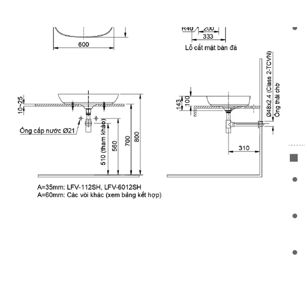 Bản vẽ kỹ thuật chậu rửa mặt INAX AL-682V kích thước 600 x 430 x 143 mm