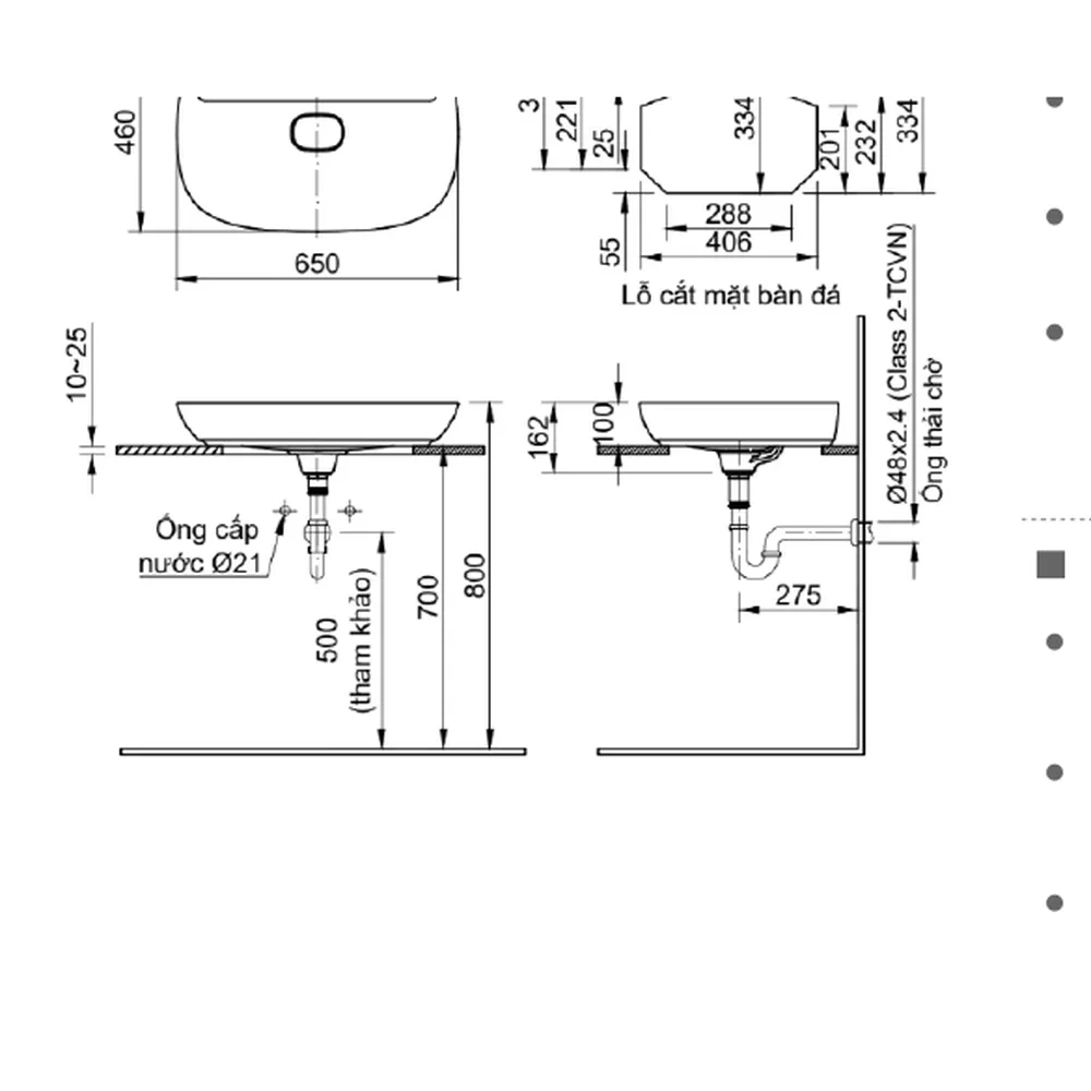 Bản vẽ kỹ thuật chậu rửa mặt INAX AL-692VFC kích thước 650 x 460 x 162 mm