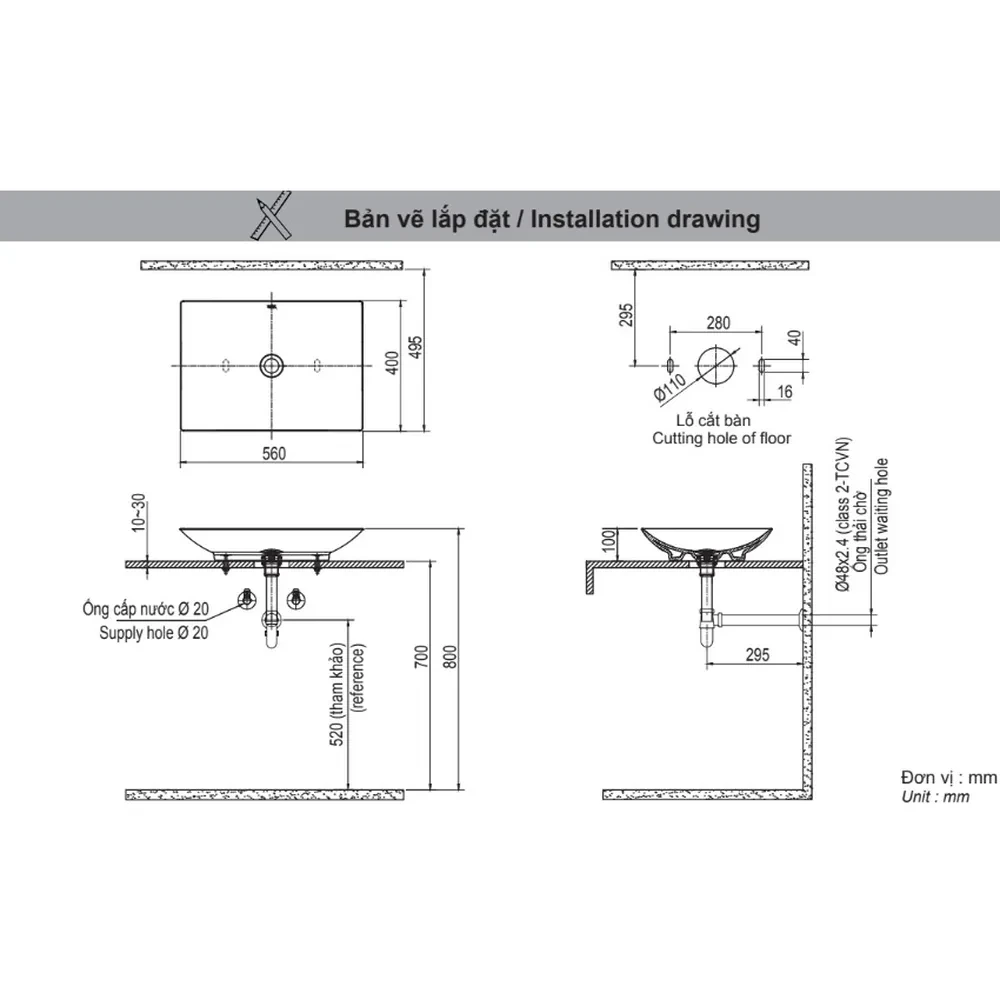 Bản vẽ kỹ thuật chậu rửa mặt INAX AL-S610V kích thước 560 x 400 x 100 mm, lỗ cắt mặt bàn Ø110 mm