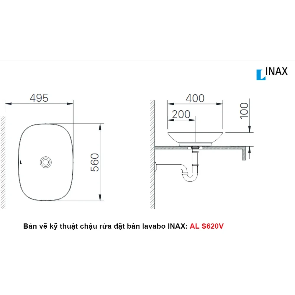 Bản vẽ kỹ thuật chậu rửa mặt đặt bàn INAX AL-S620V kích thước 560 x 400 x 100 mm