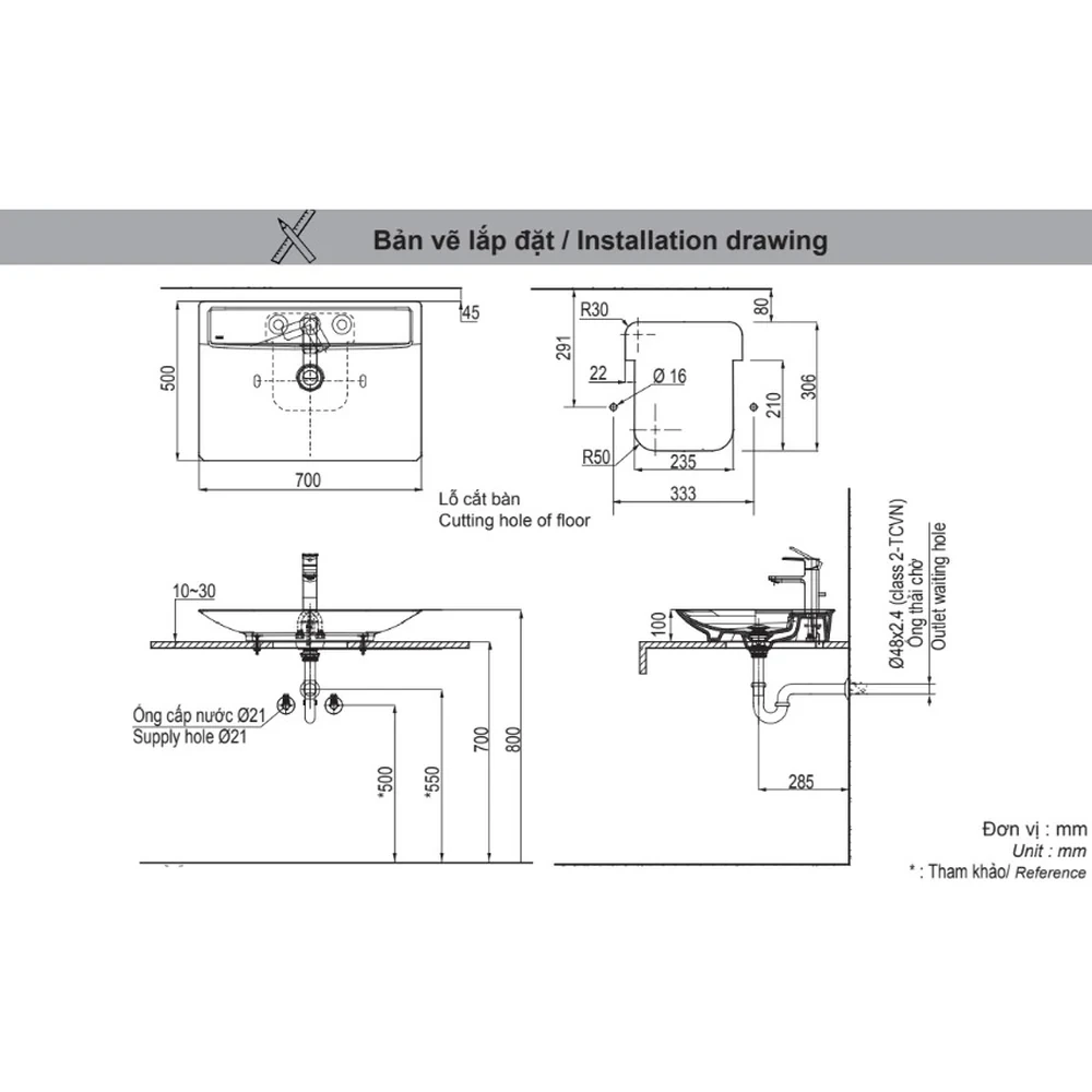 Bản vẽ kỹ thuật chậu rửa mặt INAX AL-S630VFC kích thước 700 x 500 x 100 mm