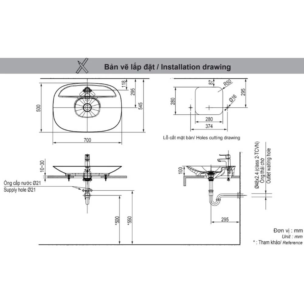 Bản vẽ kỹ thuật chậu rửa mặt đặt bàn INAX AL-S640VGC kích thước 700 x 500 x 100 mm, ô khoét mặt bàn 374 x 295 mm