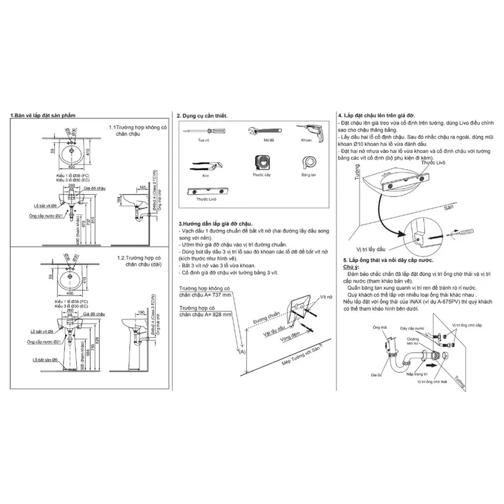 Bản vẽ và hướng dẫn lắp đặt chậu rửa mặt INAX L-282VEC kích thước 400 x 410 x 165 mm