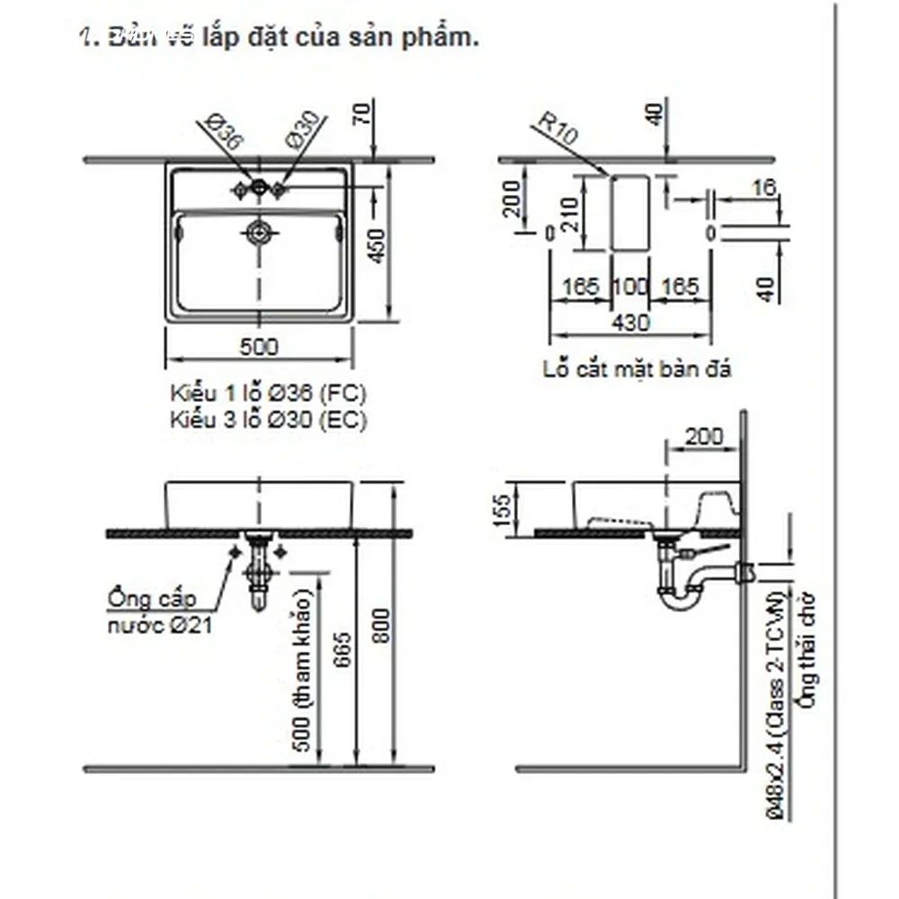 Bản vẽ kỹ thuật chi tiết kích thước chậu đặt bàn INAX L-293V 500 x 450 x 155 mm