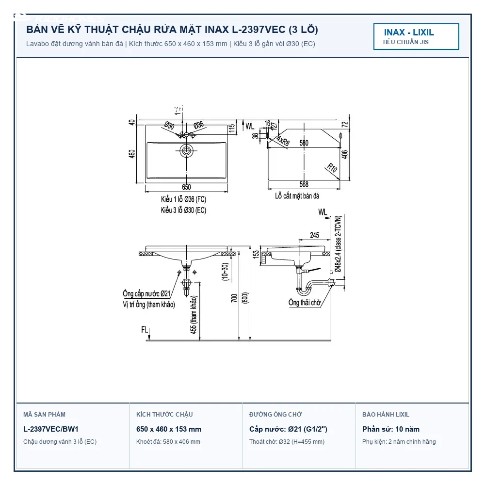 Bản vẽ kỹ thuật lắp đặt Chậu rửa mặt INAX L-2397VEC kích thước 650 x 460 x 153 mm khoét đá 580 x 406 mm