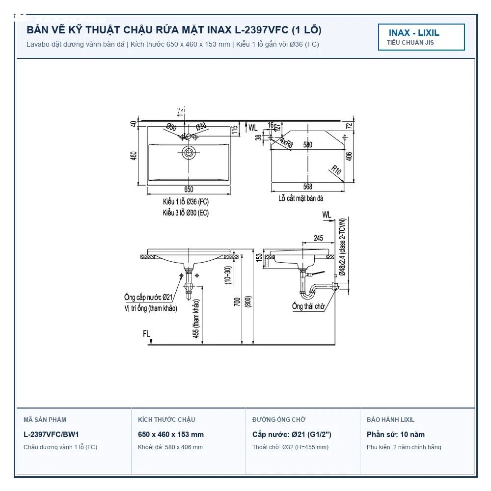 Bản vẽ kỹ thuật lắp đặt Chậu rửa mặt INAX L-2397VFC kích thước 650 x 460 x 153 mm khoét đá 580 x 406 mm
