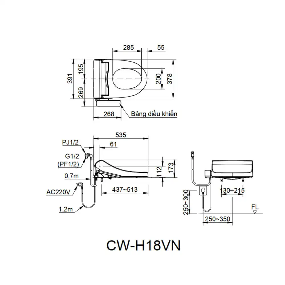 Bản vẽ kỹ thuật Nắp rửa điện tử INAX CW-H18VN