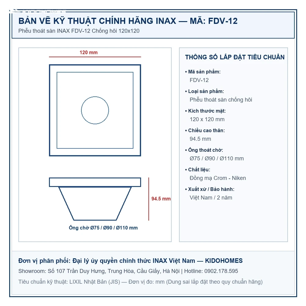 Bản vẽ kỹ thuật kích thước lắp đặt Phễu thoát sàn INAX FDV-12 Chống hôi 120x120