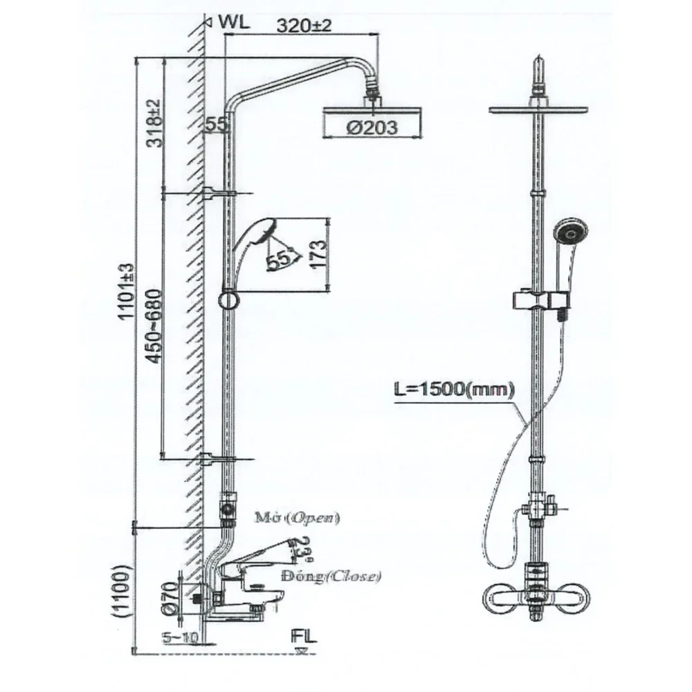 Bản vẽ kỹ thuật sen cây tắm INAX BFV-1115S-2 kích thước lắp đặt