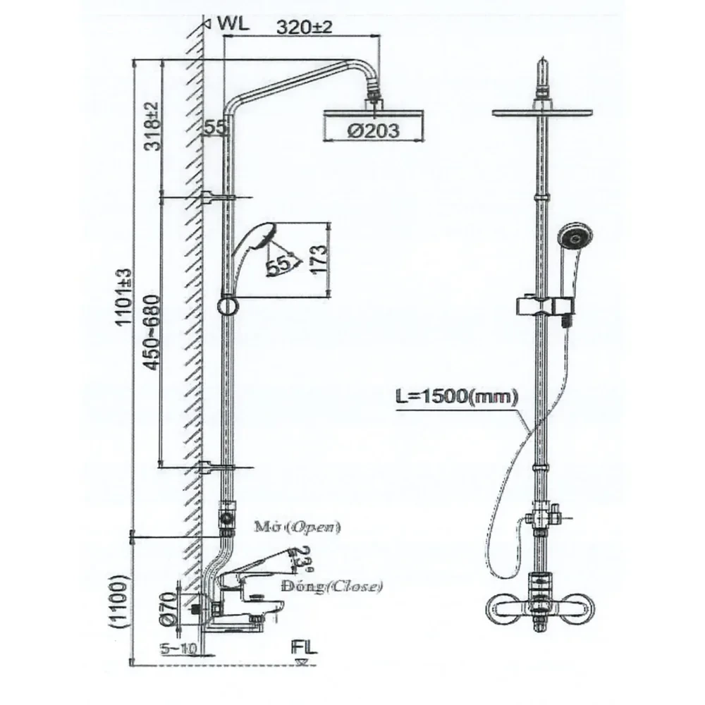 Bản vẽ kỹ thuật sen cây tắm INAX BFV-1115S-3C-2 kích thước lắp đặt