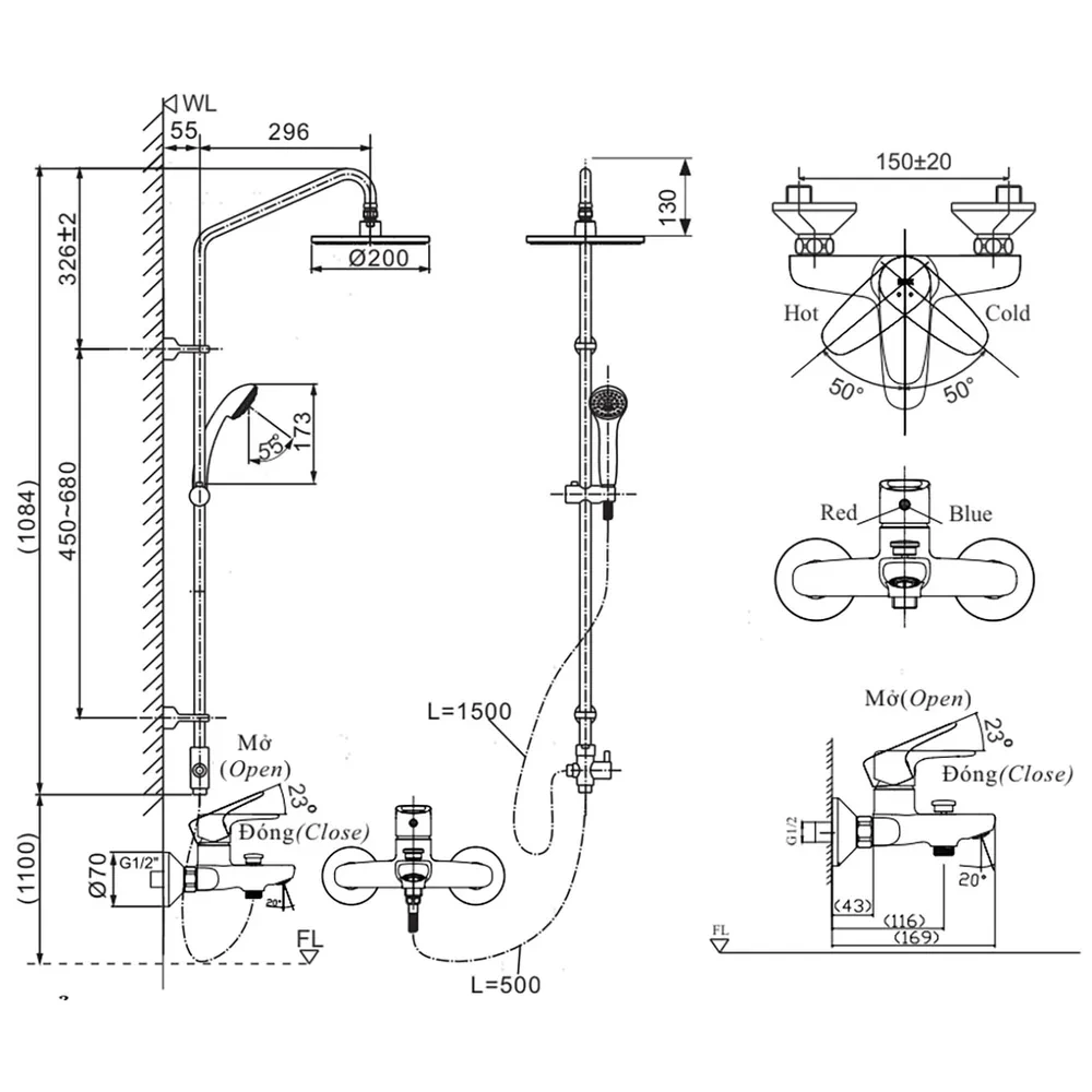 Bản vẽ kỹ thuật sen cây tắm INAX BFV-1115S-3C kích thước lắp đặt