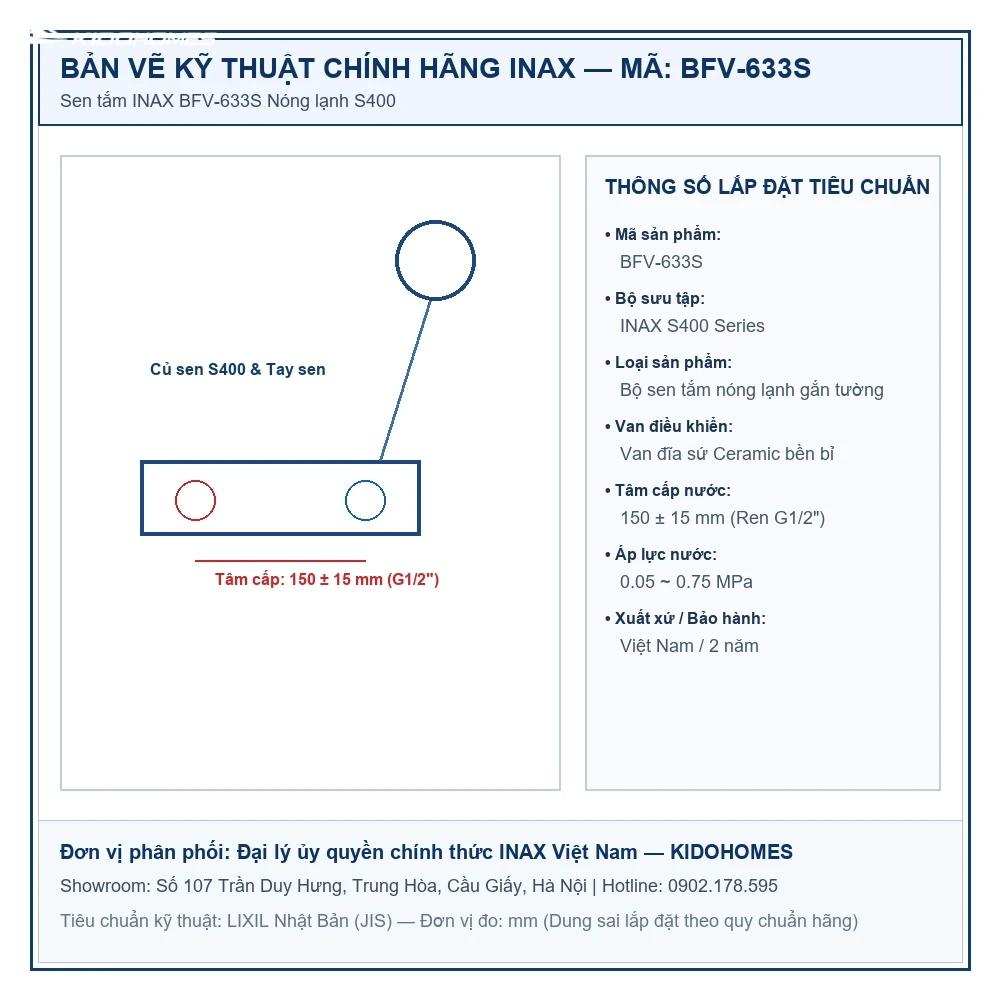 Bản vẽ kỹ thuật kích thước lắp đặt Sen tắm INAX BFV-633S Nóng lạnh S400