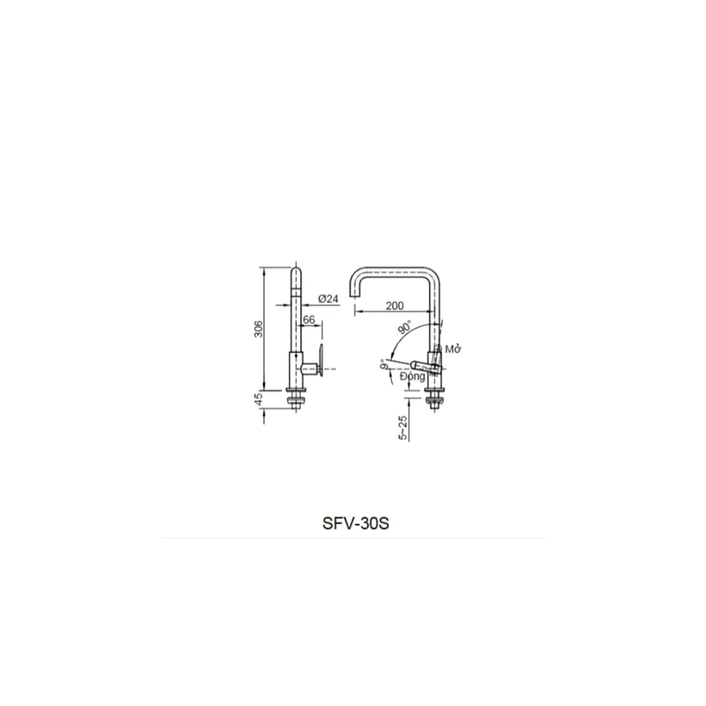 Bản vẽ kỹ thuật vòi rửa bát INAX SFV-30 chiều cao 306 mm tầm vươn 200 mm