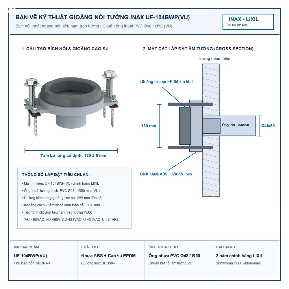 Bản vẽ kỹ thuật lắp đặt Gioăng nối tường bồn tiểu nam INAX UF-104BWP(VU) ống thoát Ø48/50 mm tâm vít 130 mm