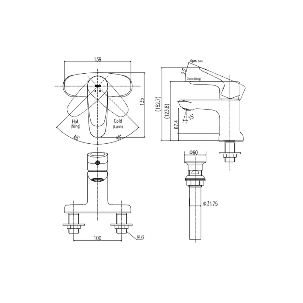 Bản vẽ kỹ thuật Vòi chậu rửa mặt INAX LFV-1111S