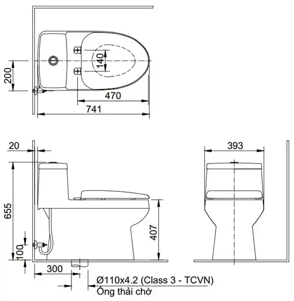 Bản vẽ kỹ thuật Bồn cầu 1 khối INAX AC-939+CW-H18VN