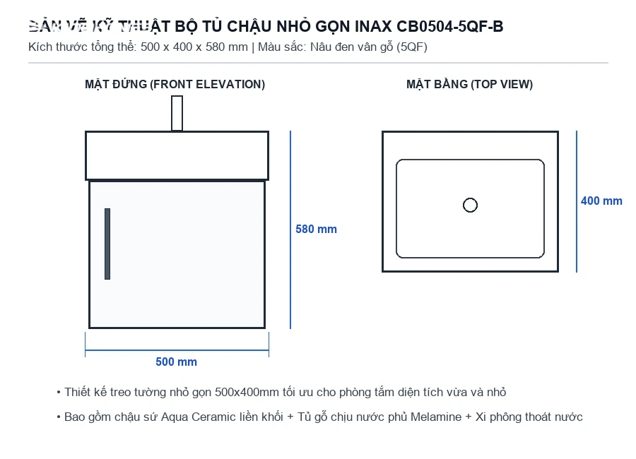 Bản vẽ kỹ thuật kích thước bộ tủ chậu rửa mặt INAX CB0504-5QF-B
