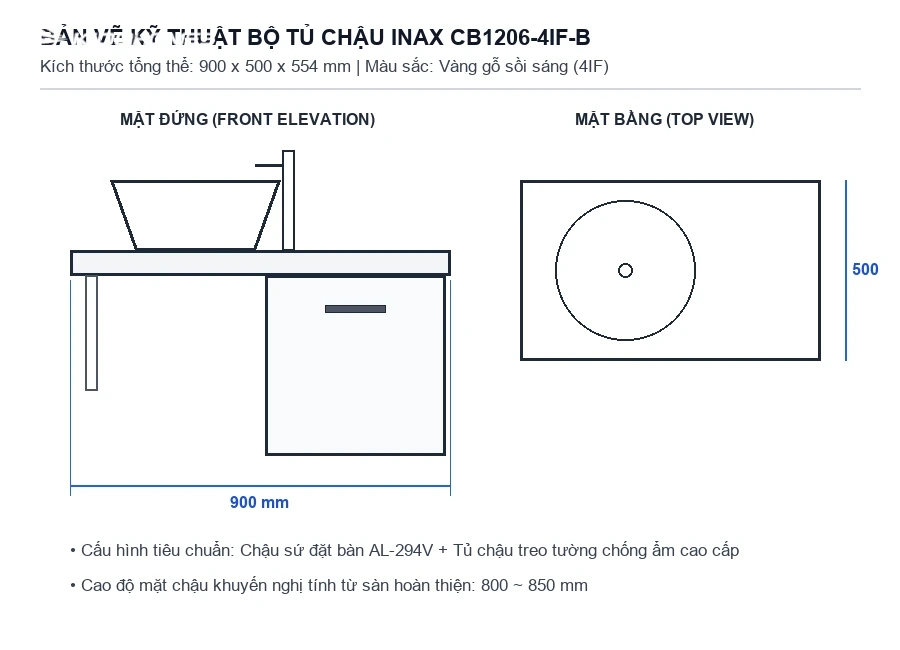 Bản vẽ kỹ thuật kích thước bộ tủ chậu rửa mặt INAX CB1206-4IF-B