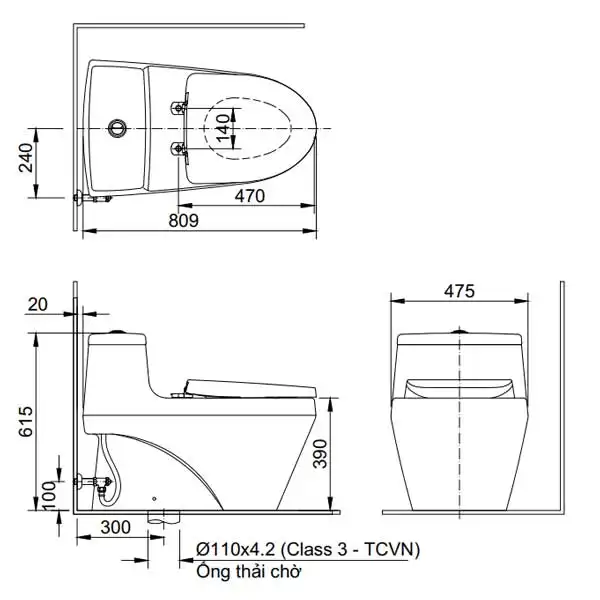 Bản vẽ kỹ thuật bồn cầu 1 khối INAX AC-1035+CW-S15VN