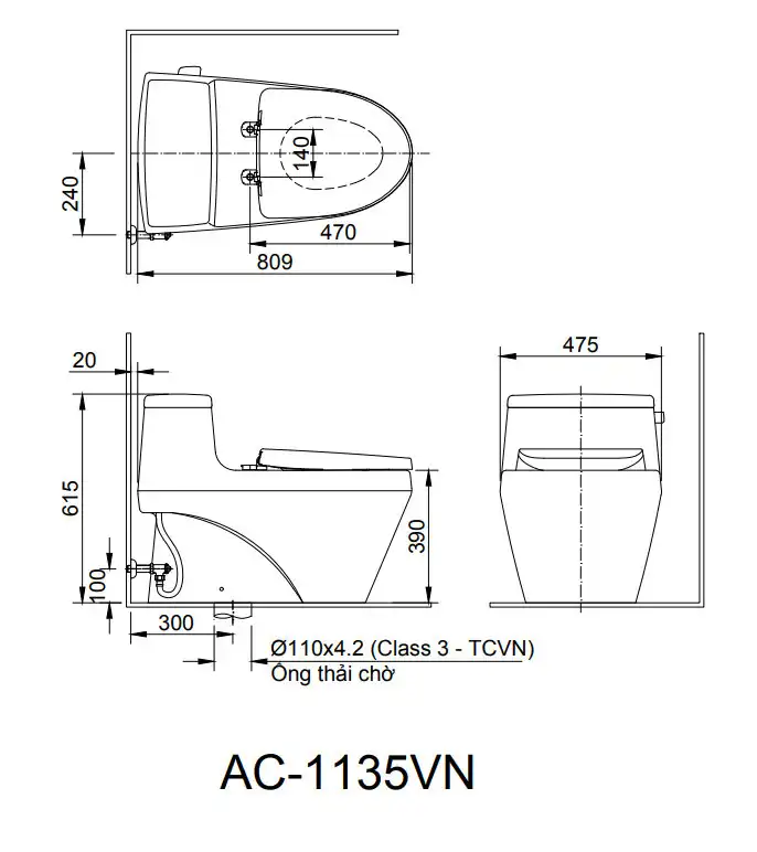 Bản vẽ kỹ thuật bồn cầu INAX AC-1135+CW-KA22AVN