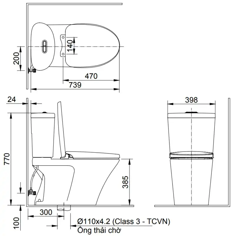 Bản vẽ kỹ thuật bồn cầu 2 khối INAX AC-700A+CW-S15VN