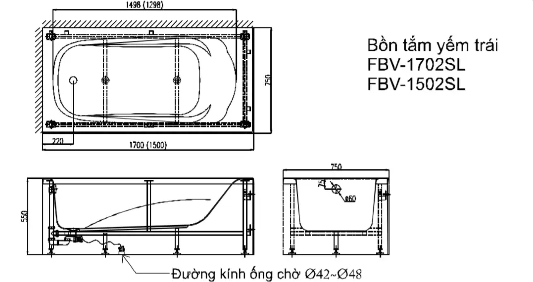 Bản vẽ kỹ thuật bồn tắm INAX FBV-1502SRL yếm trái