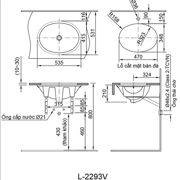 Bản vẽ kỹ thuật chậu rửa mặt đặt bàn INAX L-2293V