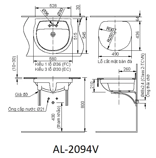 Bản vẽ kỹ thuật chậu rửa mặt đặt âm bàn INAX AL-2094V