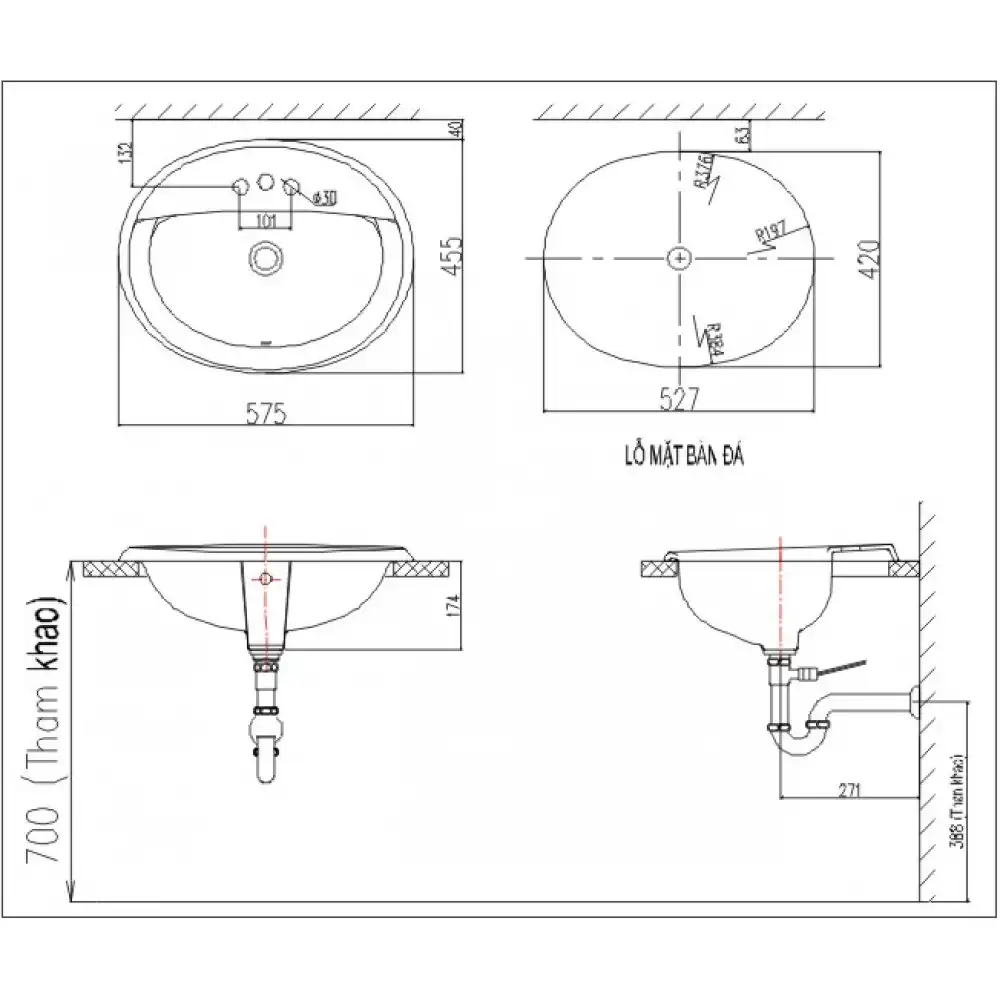 Bản vẽ kỹ thuật chậu lavabo dương vành INAX AL-2395V