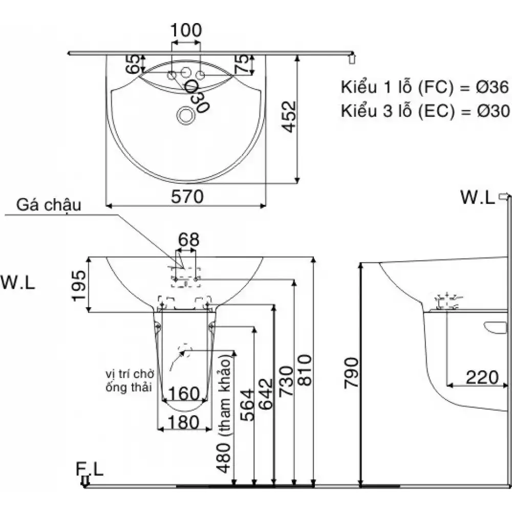 Bản vẽ kỹ thuật chậu lavabo treo tường INAX GL-288V