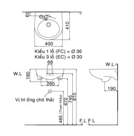 Bản vẽ kỹ thuật chậu rửa mặt treo tường INAX L-282V (400x410x180 mm)