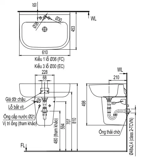 Bản vẽ kỹ thuật Chậu lavabo treo tường INAX L-298V/L-298VC