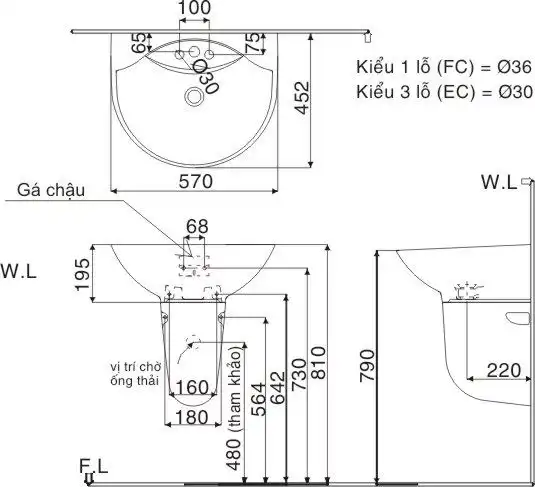 Bản vẽ kỹ thuật chậu lavabo treo tường INAX L-288V/L-288VC