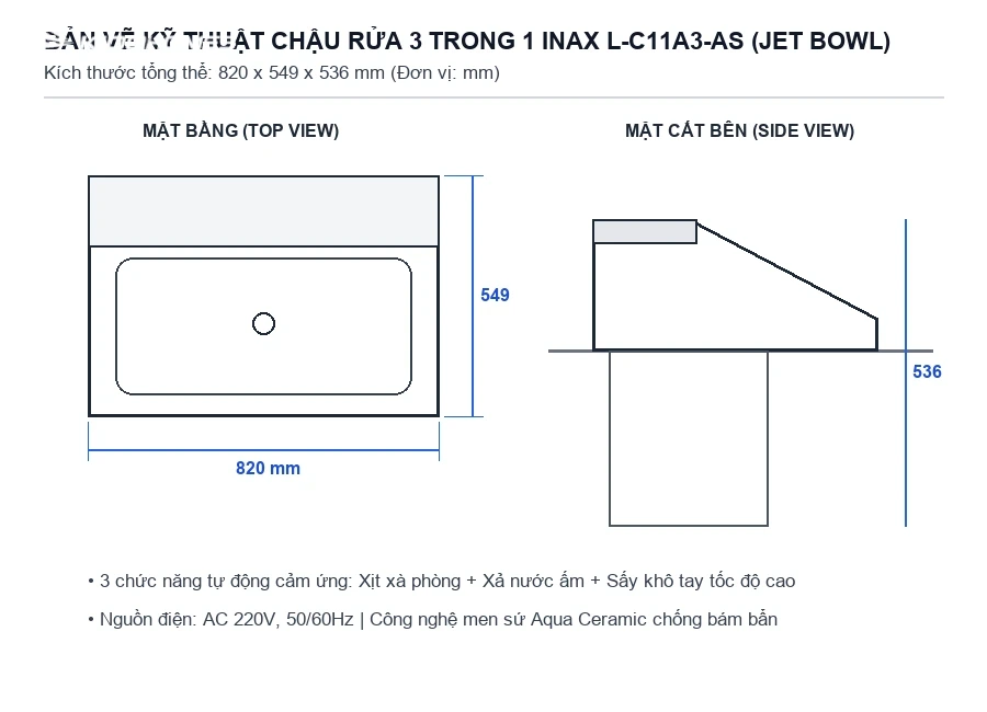 Bản vẽ kỹ thuật kích thước chậu rửa 3 trong 1 INAX L-C11A3-AS