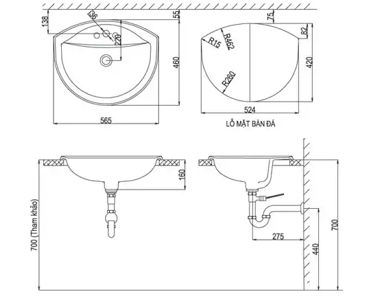 Bản vẽ kỹ thuật chậu lavabo dương vành INAX AL-2396V