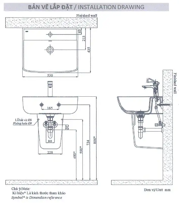 Bản vẽ kỹ thuật của chậu rửa mặt Inax AL-312V/L-298VC