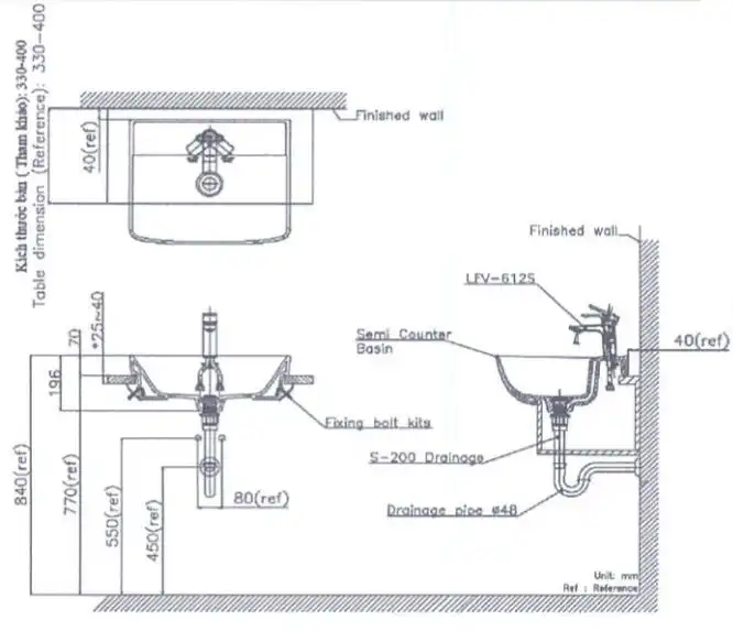 Bản vẽ kỹ thuật của chậu rửa mặt INAX AL-345V