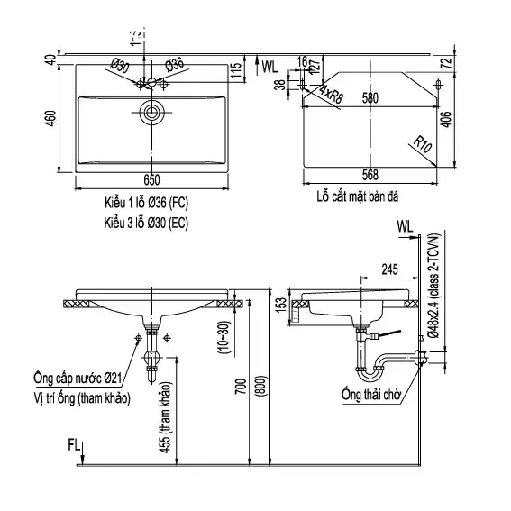 Bản vẽ kỹ thuật kích thước chậu rửa mặt dương vành INAX L-2397V