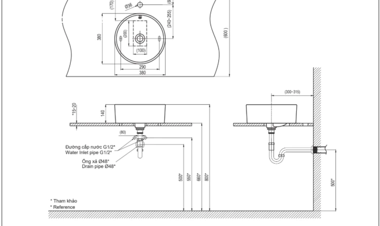 Bản vẽ kỹ thuật chi tiết kích thước chậu đặt bàn tròn INAX L-295V (380x380x173 mm)