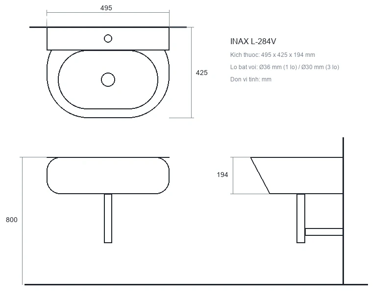 Bản vẽ kỹ thuật kích thước chậu rửa mặt treo tường INAX L-284V (495x425x194 mm)