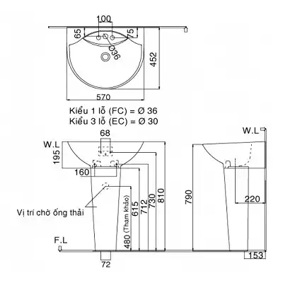 Bản vẽ kỹ thuật chậu lavabo treo tường INAX GL-288V/L-288VD