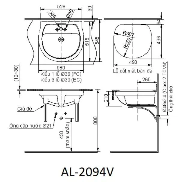 Bản vẽ kỹ thuật chi tiết kích thước chậu âm bàn INAX AL-2094VFC