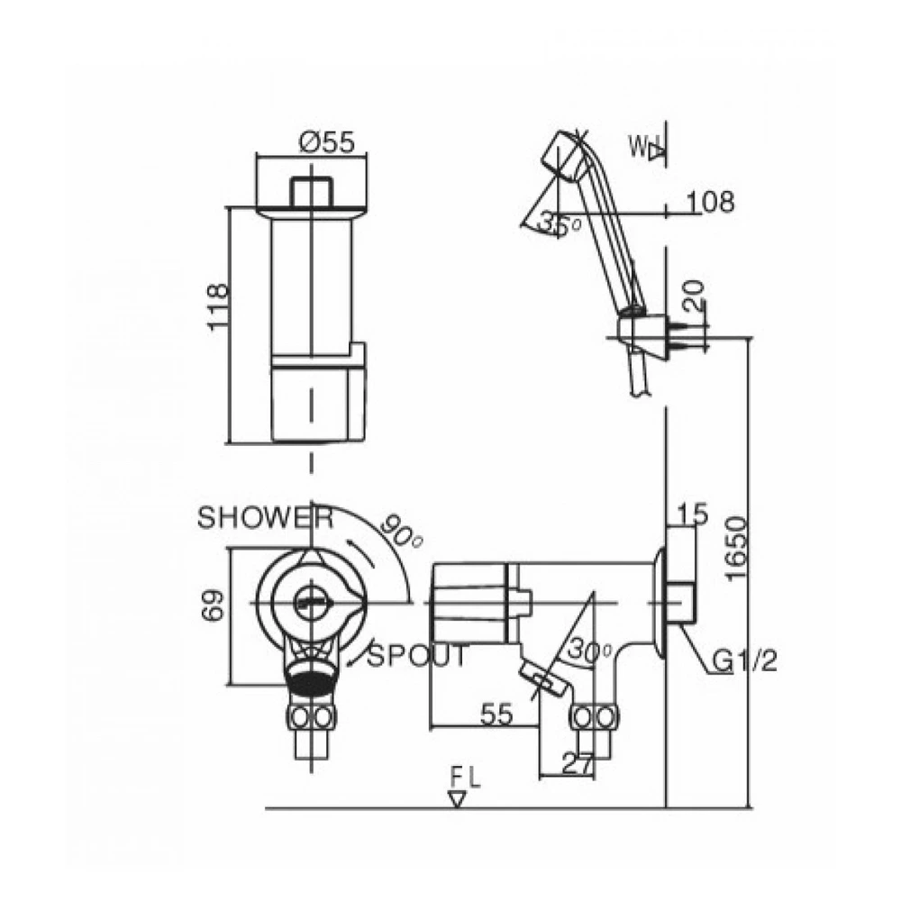 Bản vẽ kỹ thuật kích thước lắp đặt Bộ sen tắm INAX BFV-10-1C - Sen lạnh